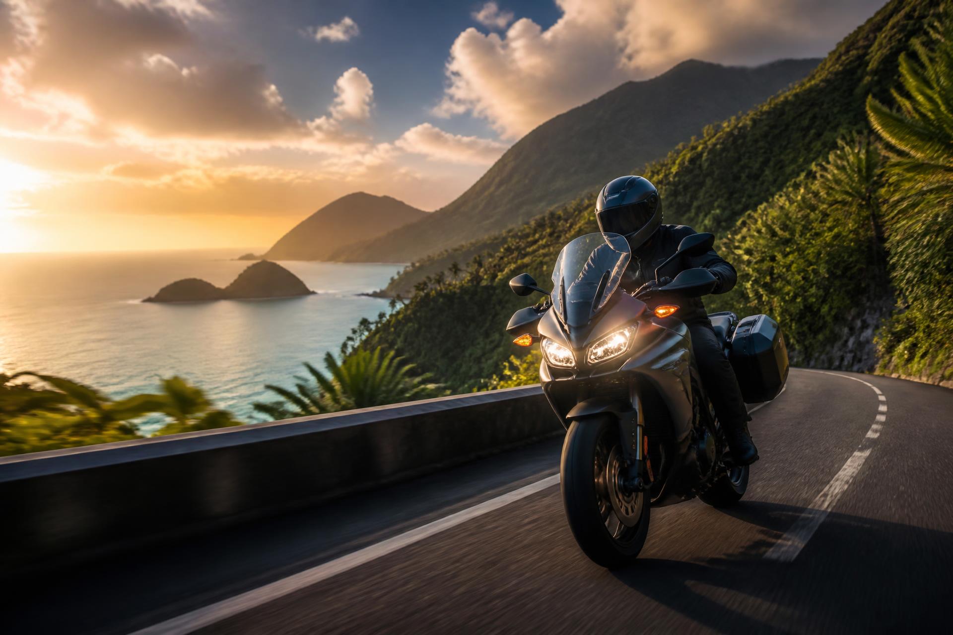 Motard sur route de montagne en Martinique